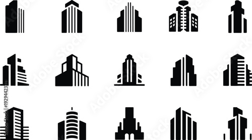 Modern city building silhouette icons architecture skyscraper office tower vector urban construction real estate skyline design collection