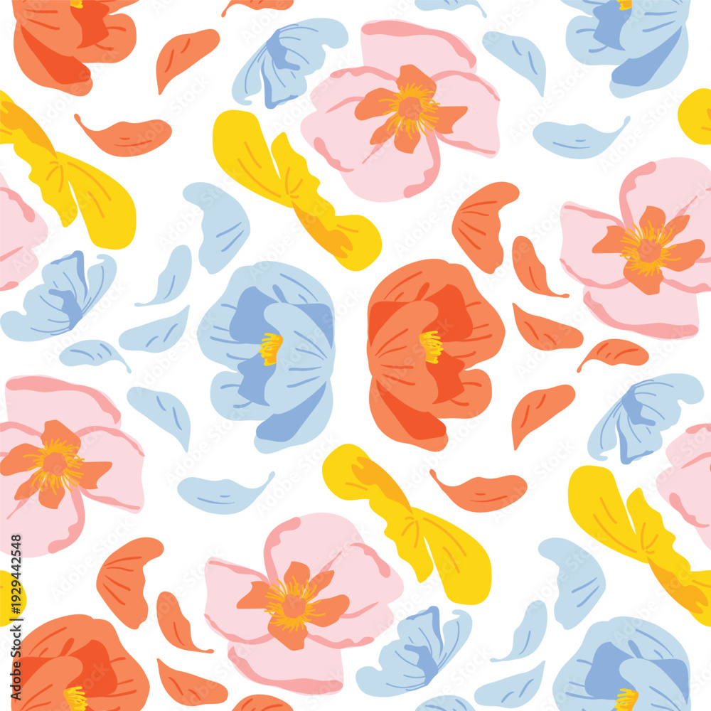 Obraz premium Spring summer watercolor floral seamless pattern vector with soft petals in peach, blue, and yellow. Gentle repeat design for fabric, wallpaper, wrapping paper, and stationery.