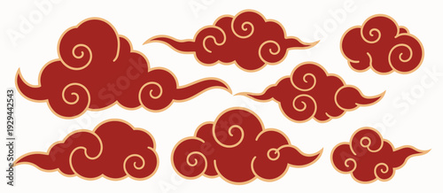 Chinese style clouds vector set, traditional Korean clouds, flat Chinese and Japanese red cloud silhouettes, decorative Asian festival elements, oriental graphic design collection.