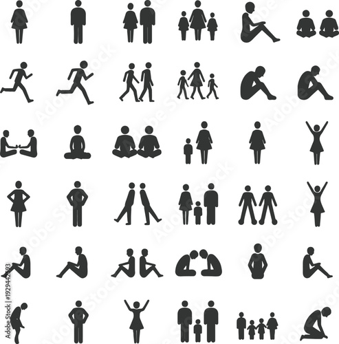 A comprehensive set of vector silhouette icons featuring business people, diverse family members like a mother, father, and child, and stick figure pictograms representing a professional person or cou