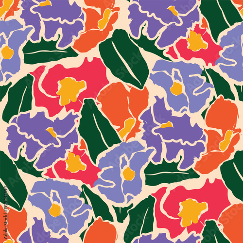Spring summer bold floral seamless pattern vector with mixed garden flowers in red, purple, orange, and green. Vibrant repeat design for fabric and wallpaper.