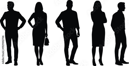 Professional business people silhouette set with men and women in smart casual corporate attire standing in confident poses for office teamwork and leadership concepts.