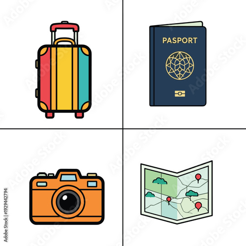 Travel essentials suitcase passport camera and map for vacation planning.