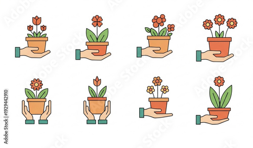Hands Carrying Flower Pot Flat Icon Set Vector