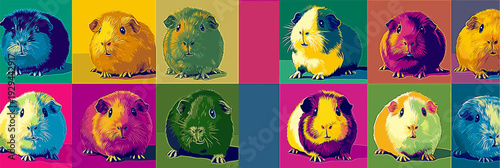 Nine cute guinea pigs in a colorful pop art distinct grid pattern. Pop art guinea pig distinct pet portraits grid