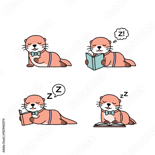 Cute cartoon otter reading and sleeping with book, relaxed and cozy atmosphere