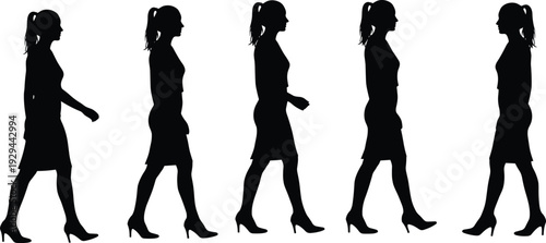 Side view full length silhouette of a young professional business woman with ponytail walking in sequence wearing dress and high heels on white background