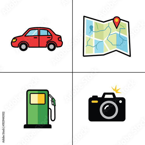 Icons representing travel, transportation, photography, and fuel.
