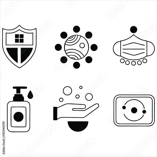 Virus prevention icons: shield with house, virus, mask, sanitizer, hand wash, social distance.
