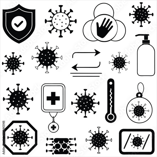 Cohesive black and white outline icon pack illustrating essential virus prevention, health protection, and hygiene measures for public safety.