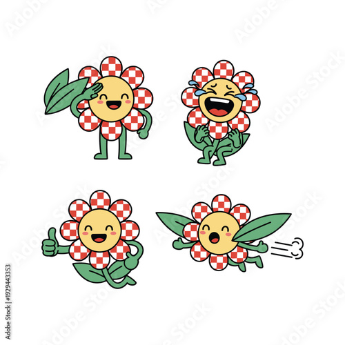 Cartoon flowers with smiling faces and different emotions on white background