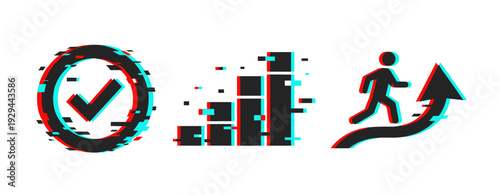 Business metrics showing growth and personal progress. Glitch effect