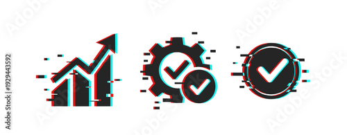 Business icons showing growth, verification, and settings on white. Glitch effect