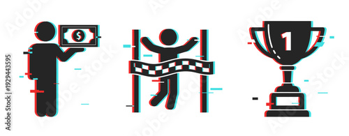 Achievement and reward icons representing success and prize. Glitch effect