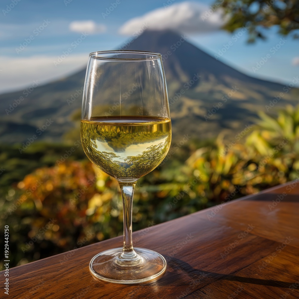 Obraz premium A glass of white wine is on a table with a mountain in the background