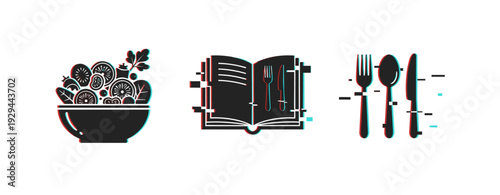 Food icons representing recipe and dining on white background. Glitch effect
