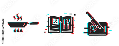 Cooking utensils displayed with recipe open in studio setting. Glitch effect