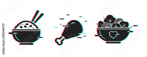 Food icons showing rice bowl and chicken drumstick on white. Glitch effect