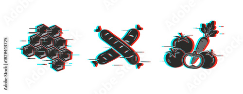 Honeycomb structure crossed sausages and fresh produce icons. Glitch effect