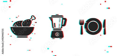 Kitchen appliance and food icons with glitch effect on white background. Glitch effect