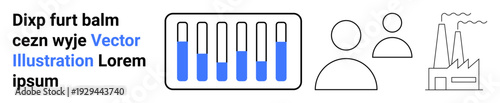 Bar graph with blue segments, two user icons symbolizing teamwork, and factory structure outline for business and industry themes. Ideal for data visualization, team collaboration, industry