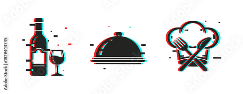 Food and beverage symbols showing service elements on white. Glitch effect