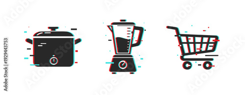 Toaster blender and shopping cart icons displayed on white background. Glitch effect