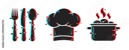 Cutlery chef hat and cooking pot displayed on white background. Glitch effect