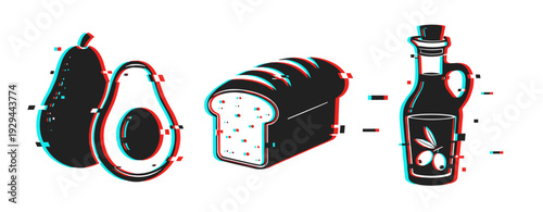 Avocado bread and olive oil food icons on white background. Glitch effect