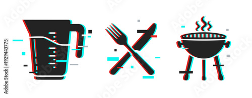 Measuring jug utensils and grill icons indicating cooking and dining. Glitch effect