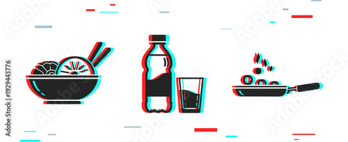 Bowl of noodles, bottled drink with glass, frying pan cooking meal. Glitch effect