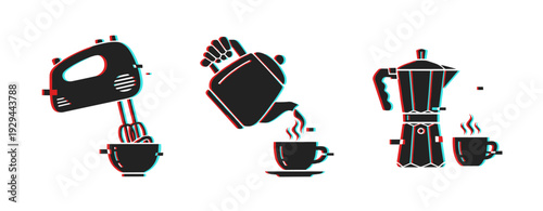 Mixer whisking batter, kettle pouring, moka pot with cup on white. Glitch effect