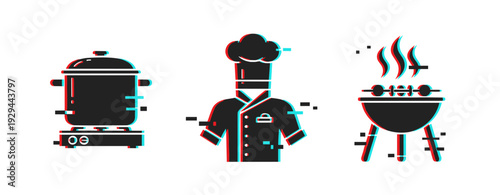 Pressure cooker chef figure and barbecue grill with steam. Glitch effect