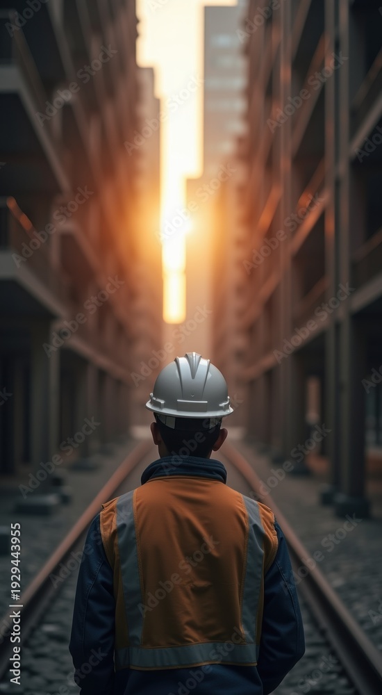 Obraz premium Man in hardhat standing on train tracks in a city
