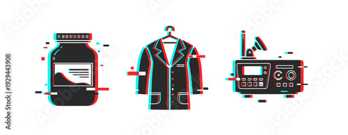 Medical supply icons representing storage and monitoring on white background. Glitch effect