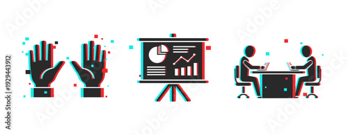 Raised hands presentation board and people meeting in office setting. Glitch effect
