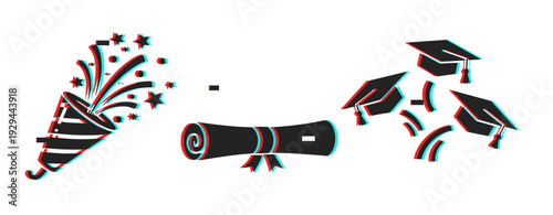 Graduation and celebration icons showing awarding and ceremony in education. Glitch effect