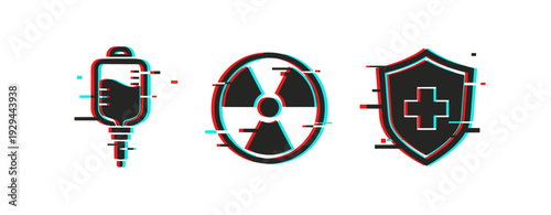 Medical and hazard icons showing intravenous drip radiation shield. Glitch effect