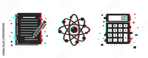 Document writing science symbol and calculator on white background. Glitch effect