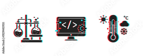 Laboratory coding and thermometer illustrating science and technology. Glitch effect