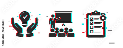 Hands holding idea and presenter lecturing with checklist icons. Glitch effect