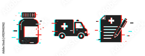 Medical icons depicting medication, ambulance, and records. Glitch effect
