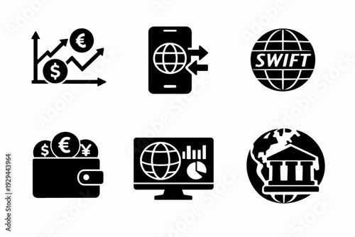 Financial icons: graphs, currency exchange, swift, digital wallet, online banking, global economy