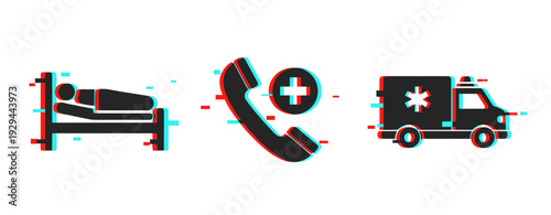 Patient lying in bed with emergency call and ambulance. Glitch effect