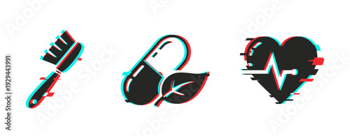 Health and wellness icons showing care and natural remedies. Glitch effect