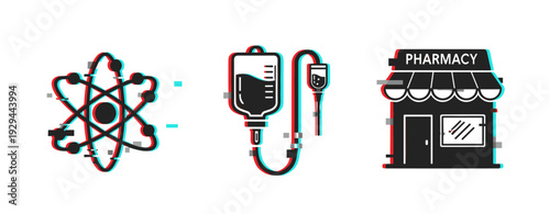 Science medical and pharmacy icons on white background. Glitch effect