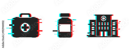 Medical icons displaying kit bottle and hospital on white background. Glitch effect