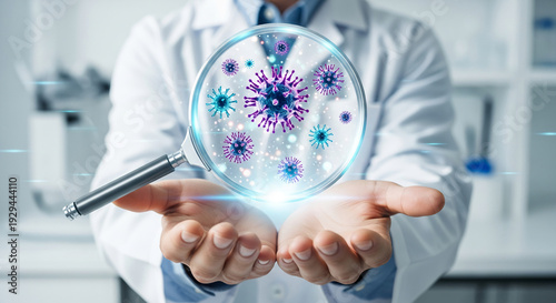 Man in lab coat holds virus under magnifying glass, representing virology research and disease study, relevant for healthcare and science.