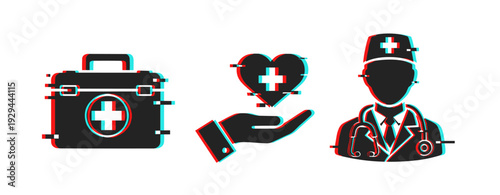 Medical kit heart and doctor representing healthcare services. Glitch effect