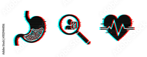 Stomach health diagnostics with patient search and heart rate. Glitch effect